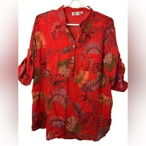 AG 25 Tropical Floral Red cotton Roll Tab Sleeve Button Down